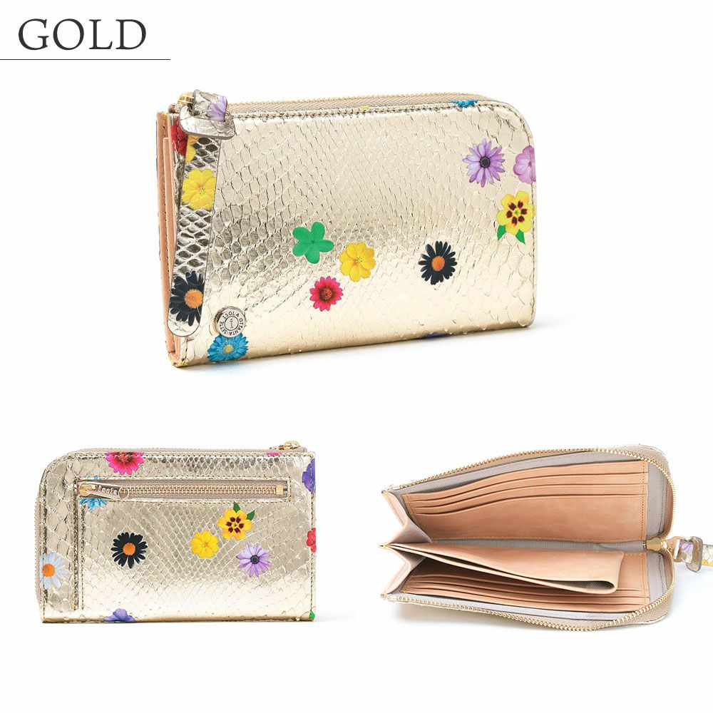 ラミナフィオーレ＿マチ付きL字ファスナー中＿コンパクト財布＿ミニ財布＿蛇革＿クレタ＿ゴールド