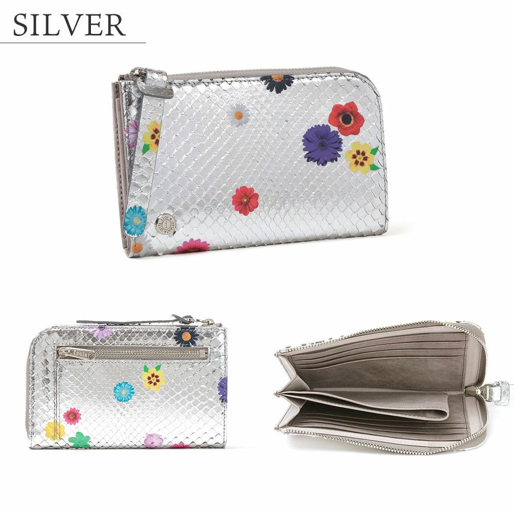 ラミナフィオーレ＿マチ付きL字ファスナー中＿コンパクト財布＿ミニ財布＿蛇革＿クレタ＿シルバー